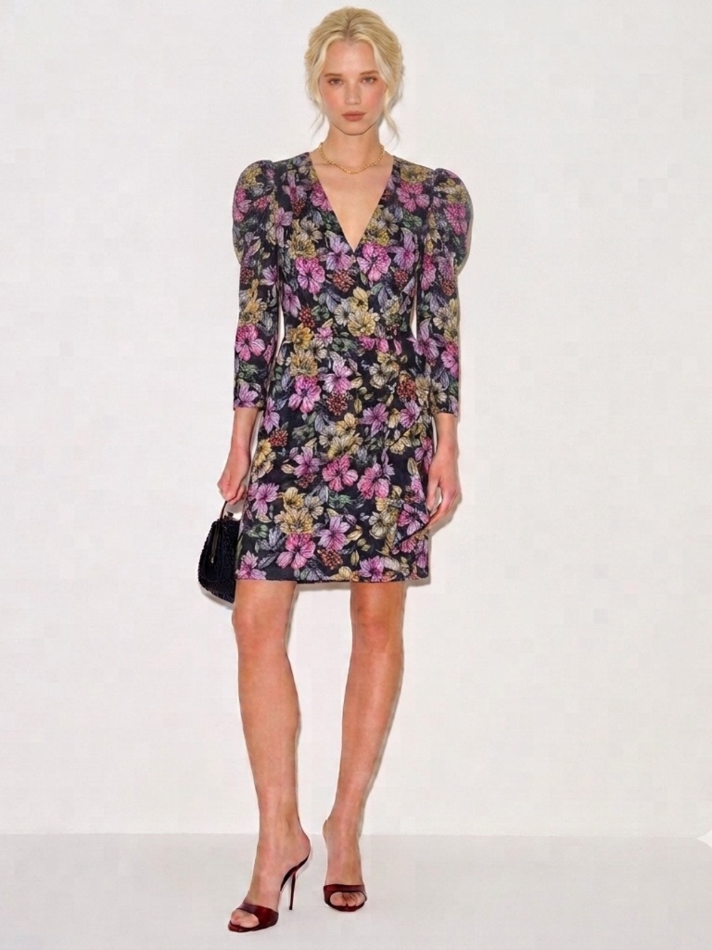 Rinascimento Italy NEW Floral Puff Sleeve Faux Wrap Ruffle Mini Dress Satin Silk